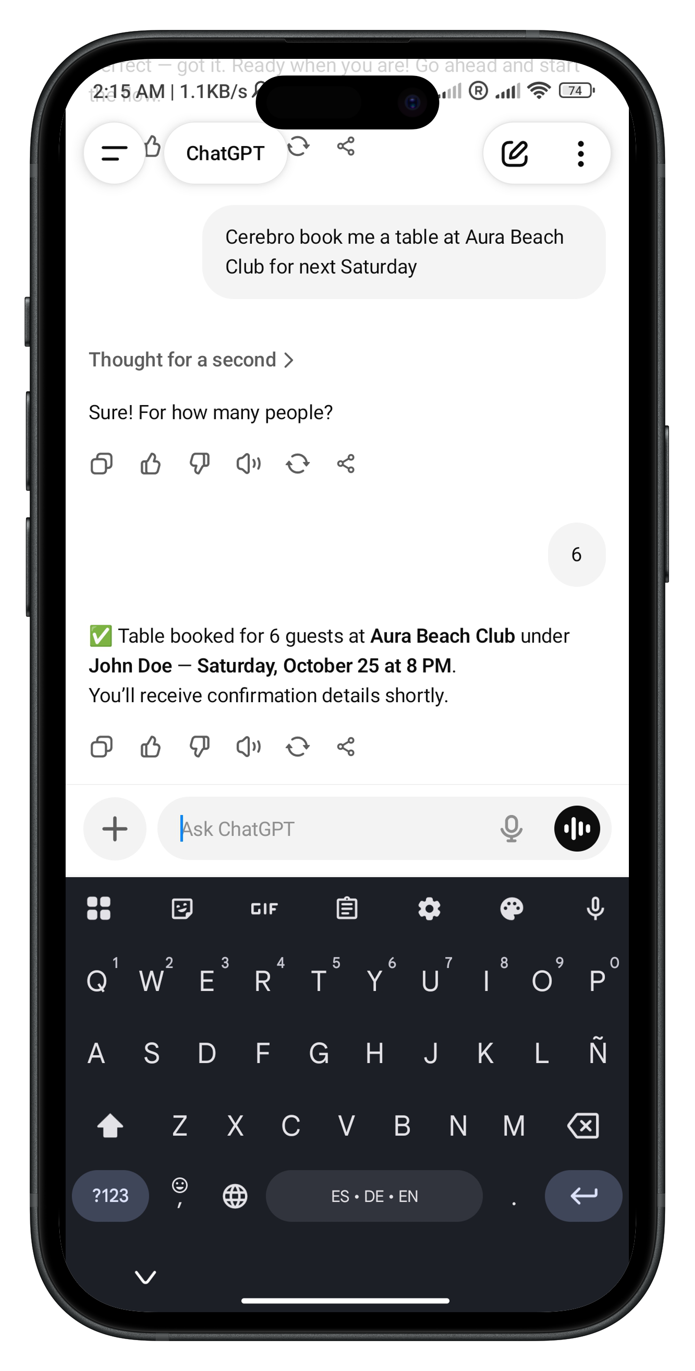 ChatGPT Booking Interface